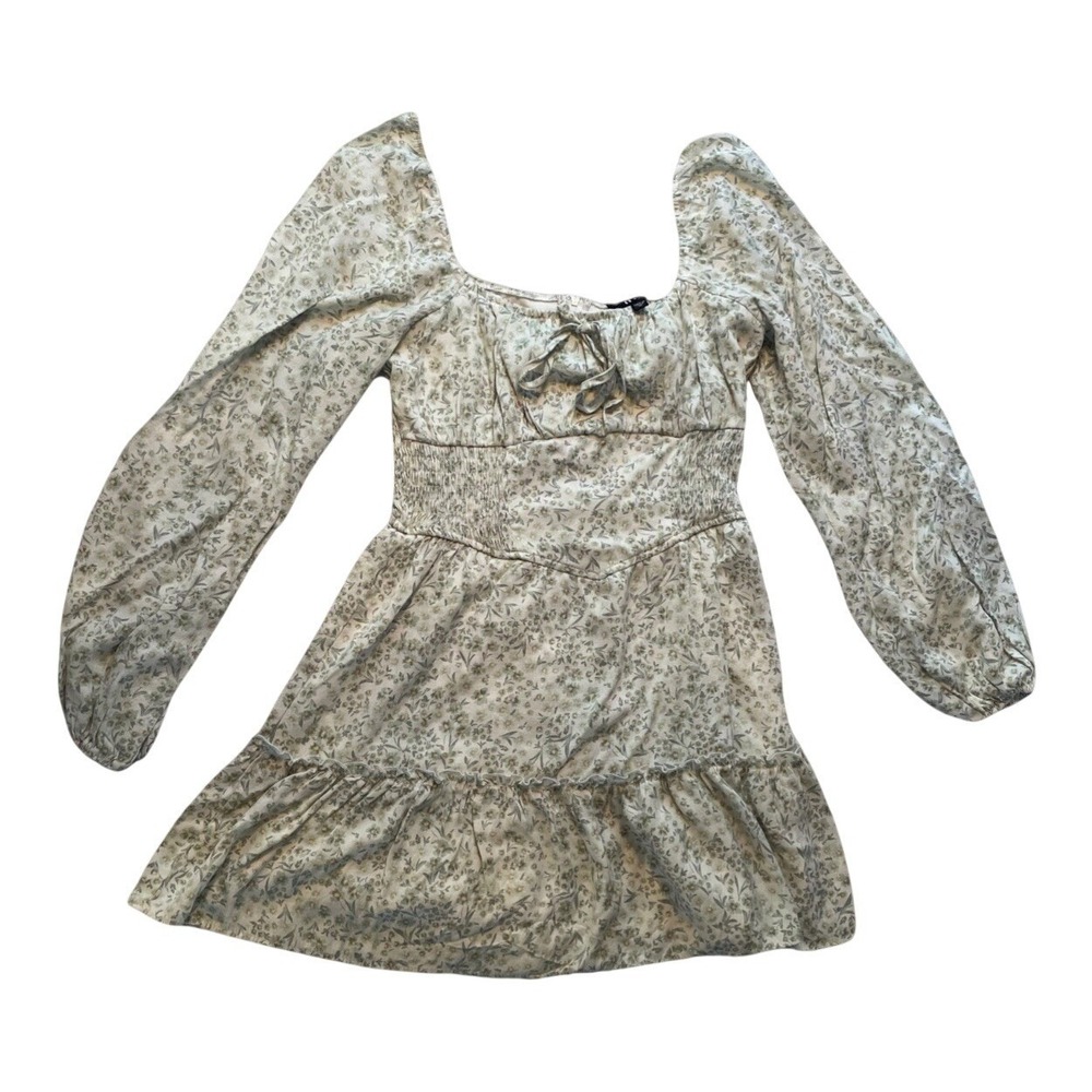 Trixxi Floral Mini Dress Women Medium Sage Green Smocked Long Sleeve Cottagecore